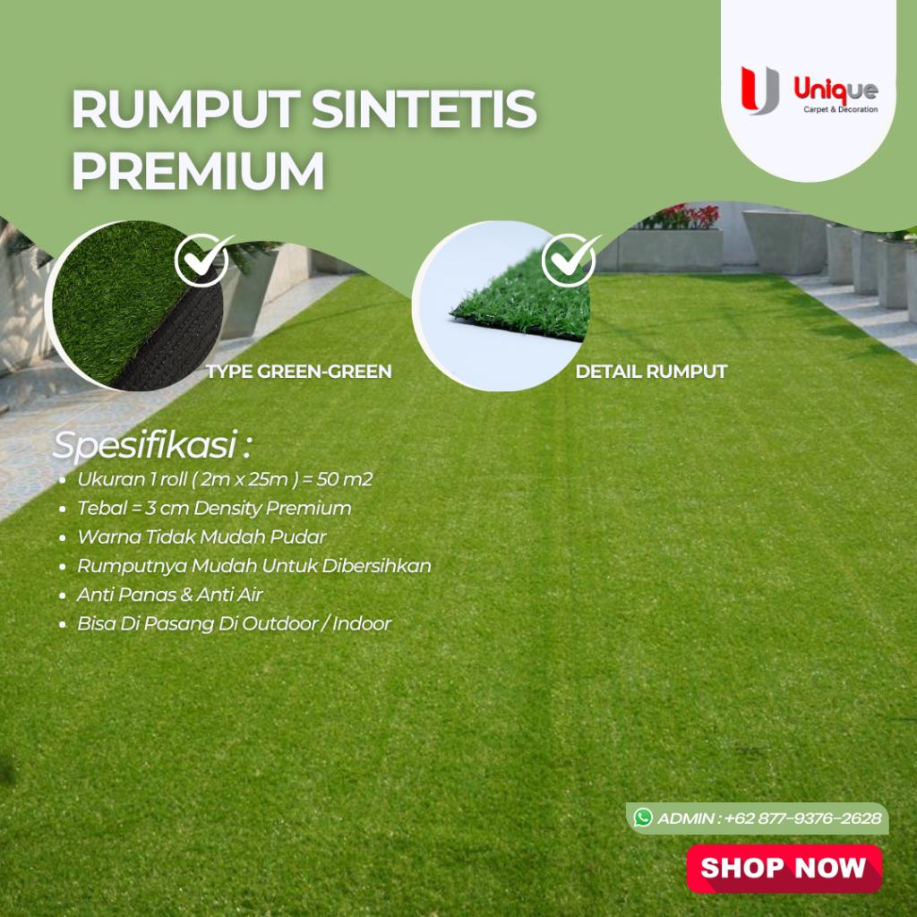 Rumput Sintetis Jepang Green Brown 3cm / Rumput Palsu Meteran / Karpet Rumput Taman / Rumput Palsu Full Hijau