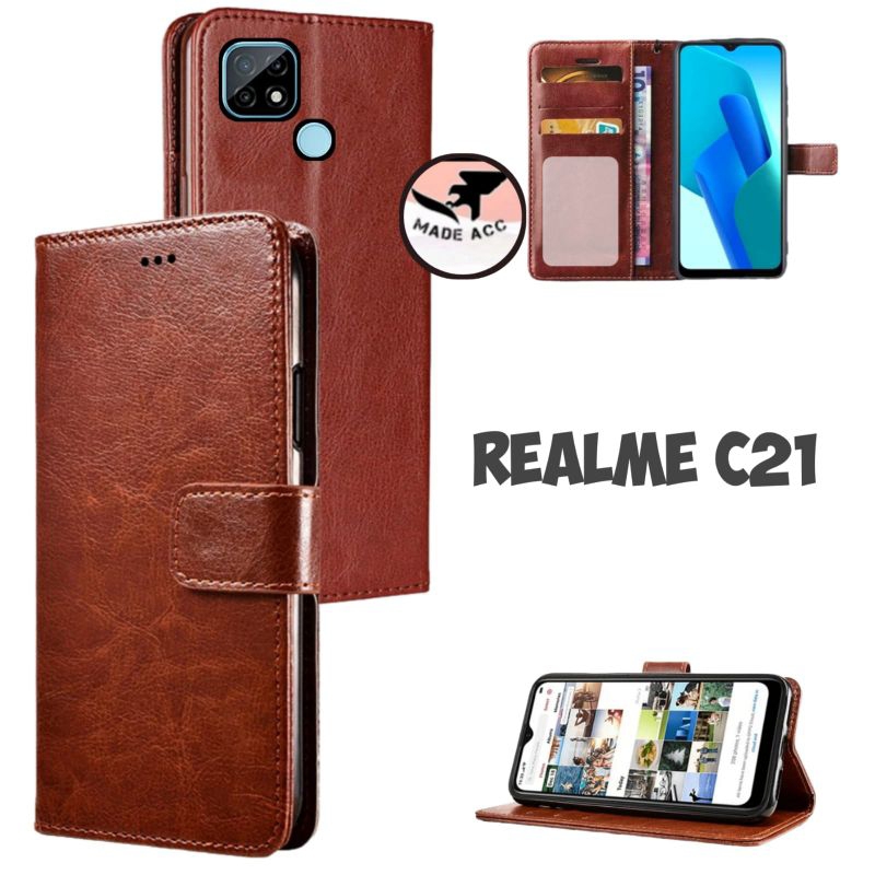 REALME C21 Casing dompet flip cover leather case kulit premium