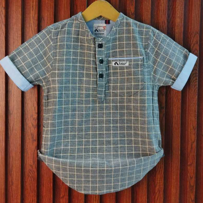 KURTA ANAK LAKI LAKI LENGAN PENDEK BAHAN FLANEL BAJU MUSLIM MODEL TERBARU WARNA KOTAK KOTAK ABU