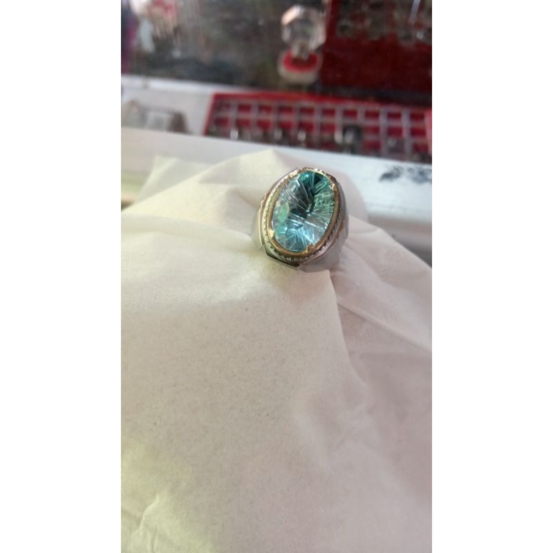 emban ikat ring monel super doff handmade plus batu natural blue topaz swis custom cut