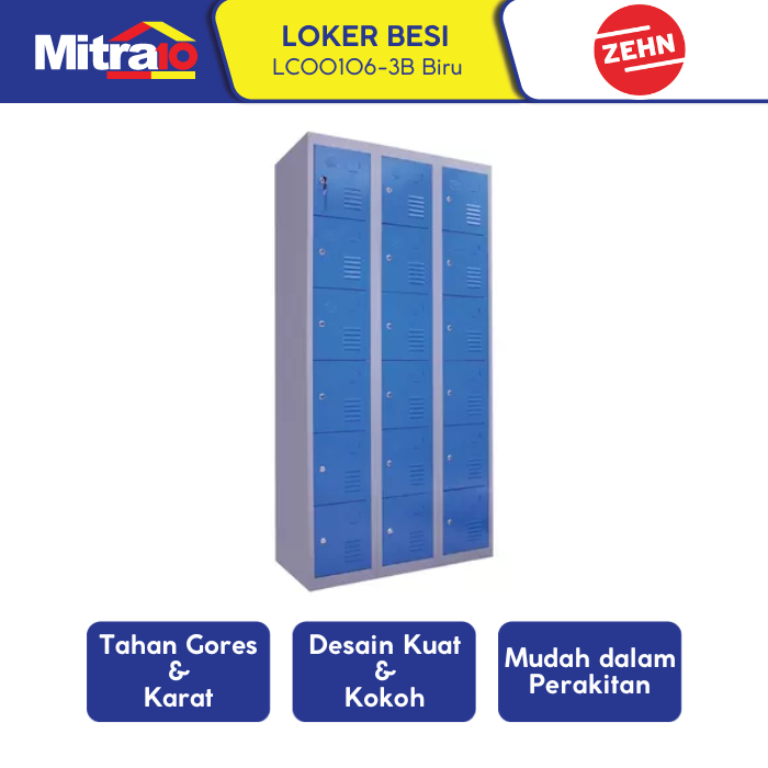 Locker Besi 3 Kolom 6 Tingkat Biru - Untuk Sekolah & Kantor - Zehn