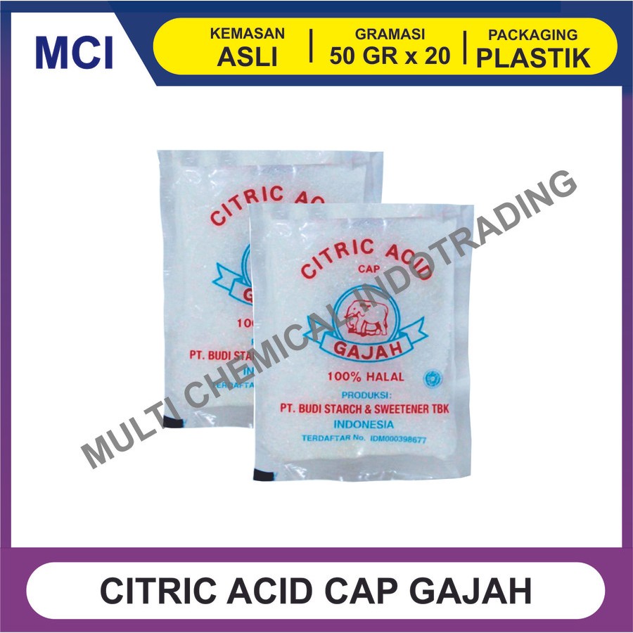 

CAP GAJAH CITRIC ACID 1 DUS ISI 200 PCS X 50 GR / SITRUN CITRUN