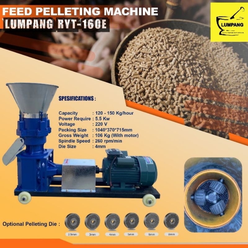 Mesin Cetak Pelet Lumpang RYT-160E 3 Roller Dinamo 5HP with Gardan Pakan Ikan Ayam Burung Lele Kelin