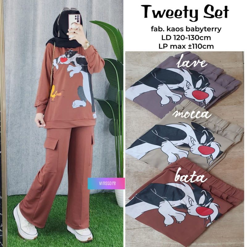 Setelan wanita Tweety jumbo set bahan kaos babyterry LD120-130