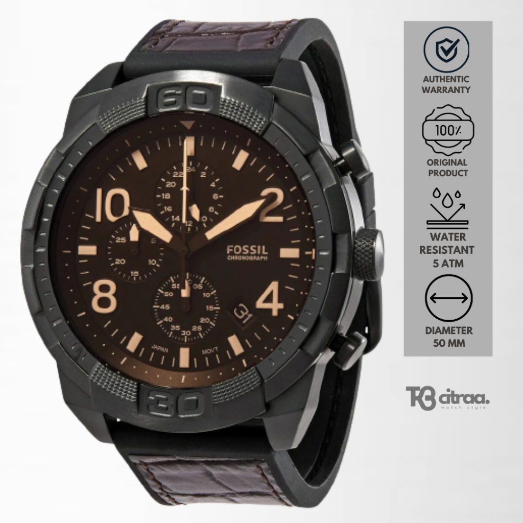 jam tangan fashion pria fossil Bronson analog strap kulit chronograph brown leather water resistant sporty elegant casual original FS5713