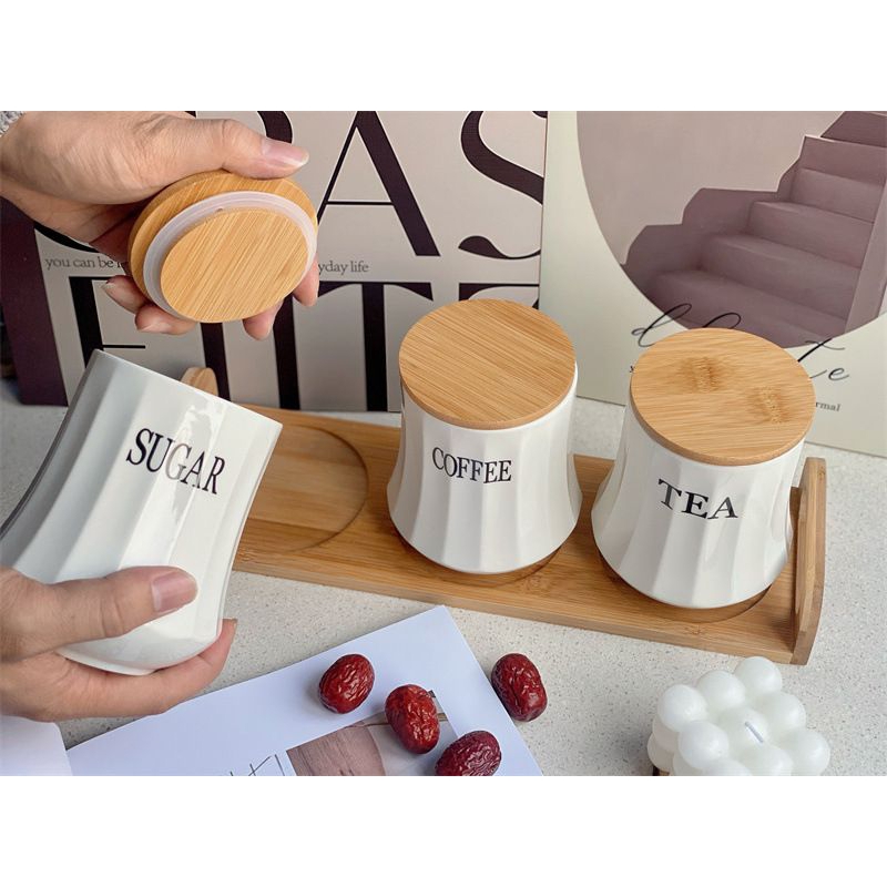 Lotsoolup Set Teh Kopi Gula Keramik Set Toples Keramik Tatakan Kayu Aesthetic Toples Gula Kopi Teh