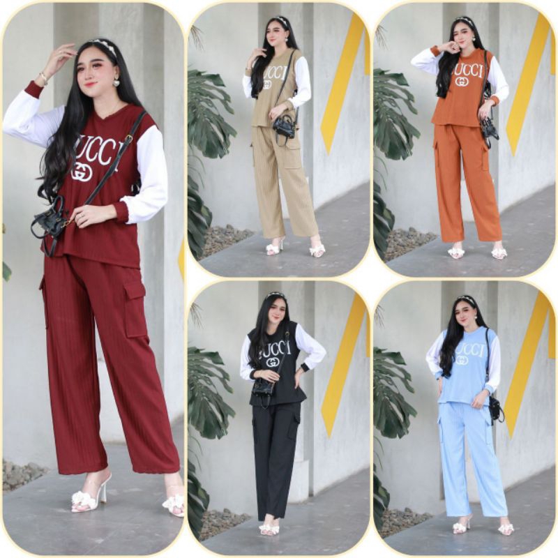 ONE SET CARGO KNIT PREMIUM//SETELAN KNIT WANITA//ONE SET KNIT GUCCI//ONE SET JUMBO