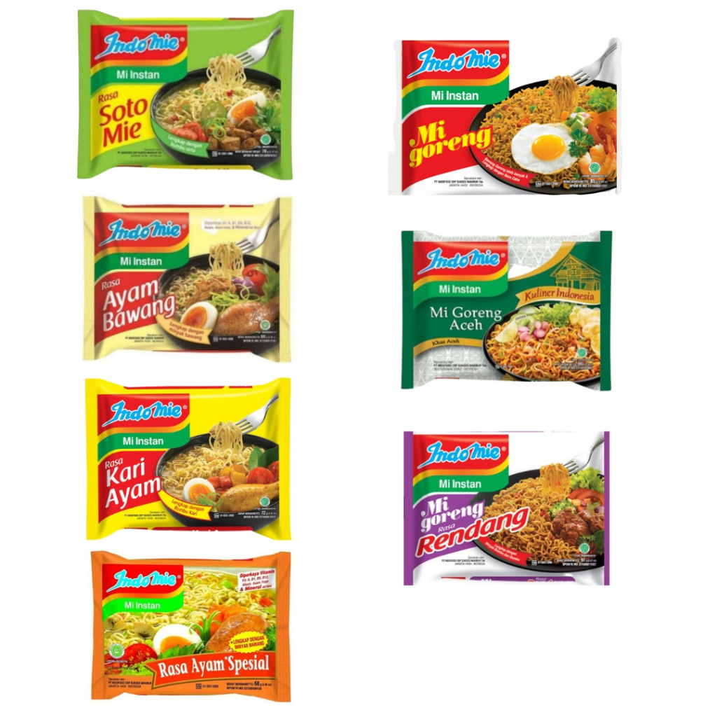 

Indomie Mie Instan / Indomie Goreng / Indomie Soto / Indomie Ayam Bawang / Indomie Kari Ayam