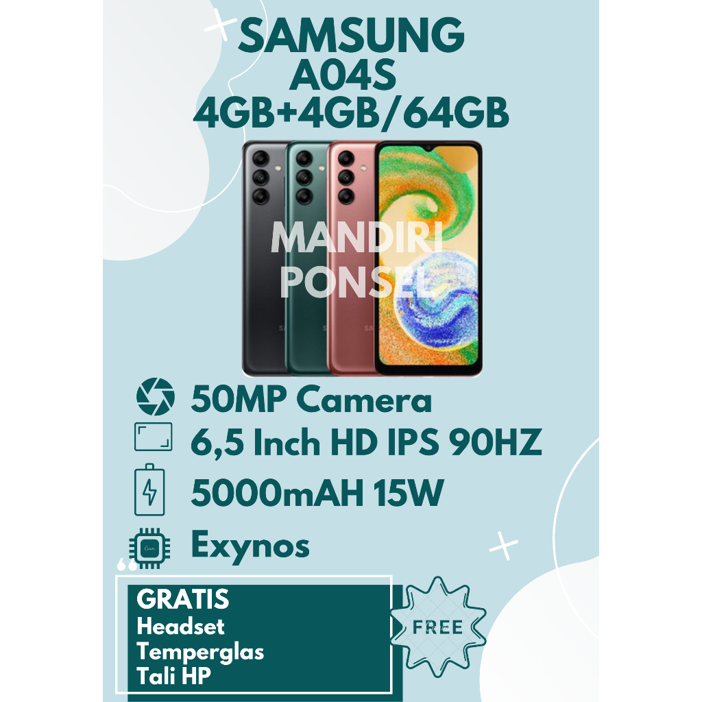 SAMSUNG A04S RAM8GB (4+4 EXTEND/64GB) GRATIS HEADSET, TEMPERGLAS dan TALI HP