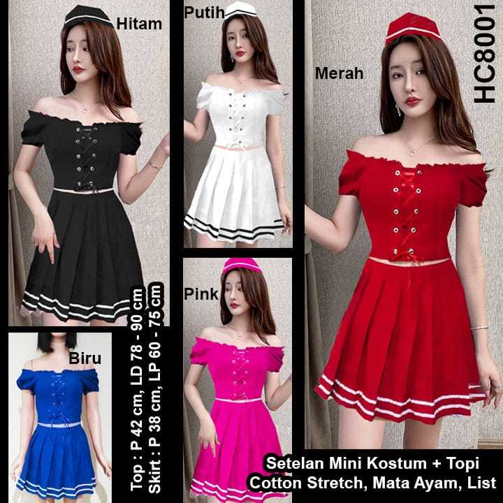 Happycorn HC8001 Setelan Mini Kostum + Topi Mata Ayam List Putih Stretch Sexy / Costum Mini Dress Sa