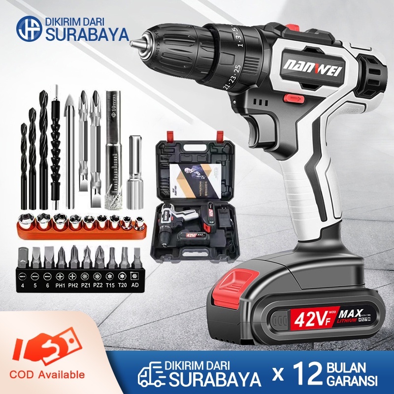 NANWEI bor baterai / bor cordless dengan isi ulang baterai lithium 42V/12V Autentik Bor listrik reve