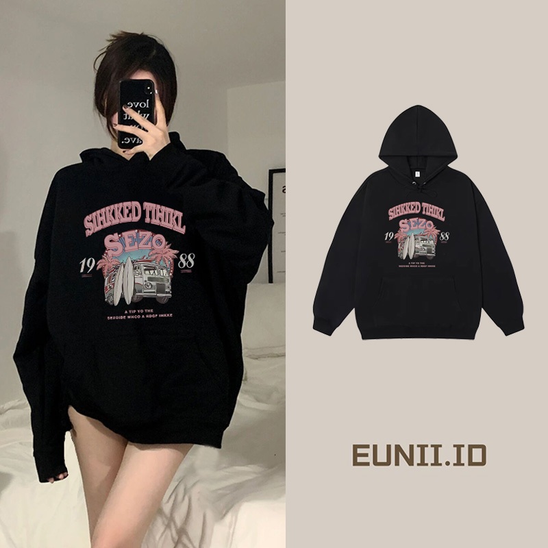 EUNII Hoodie Sweater Lengan Panjang Retro Car Korean Style/Sweater Crop/Baju Wanita/Switer Wanita/Sw