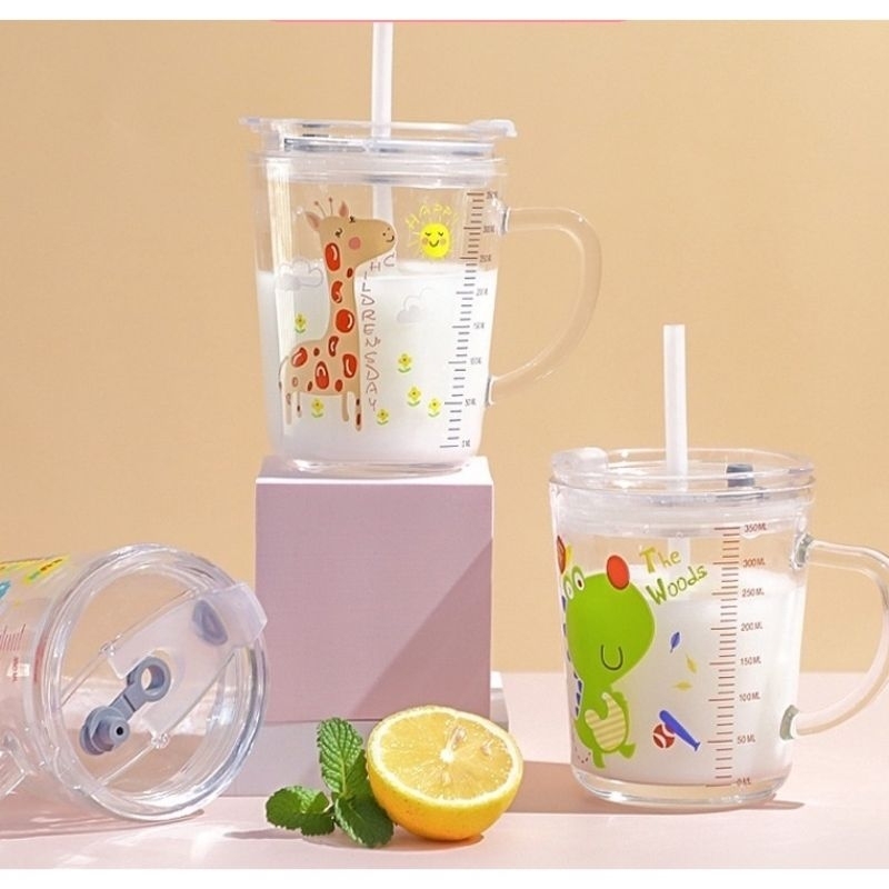 Gelas Kaca Cangkir/ Gelas Kaca Anak Bening Gagang Tutup Anti Bocor 350ml