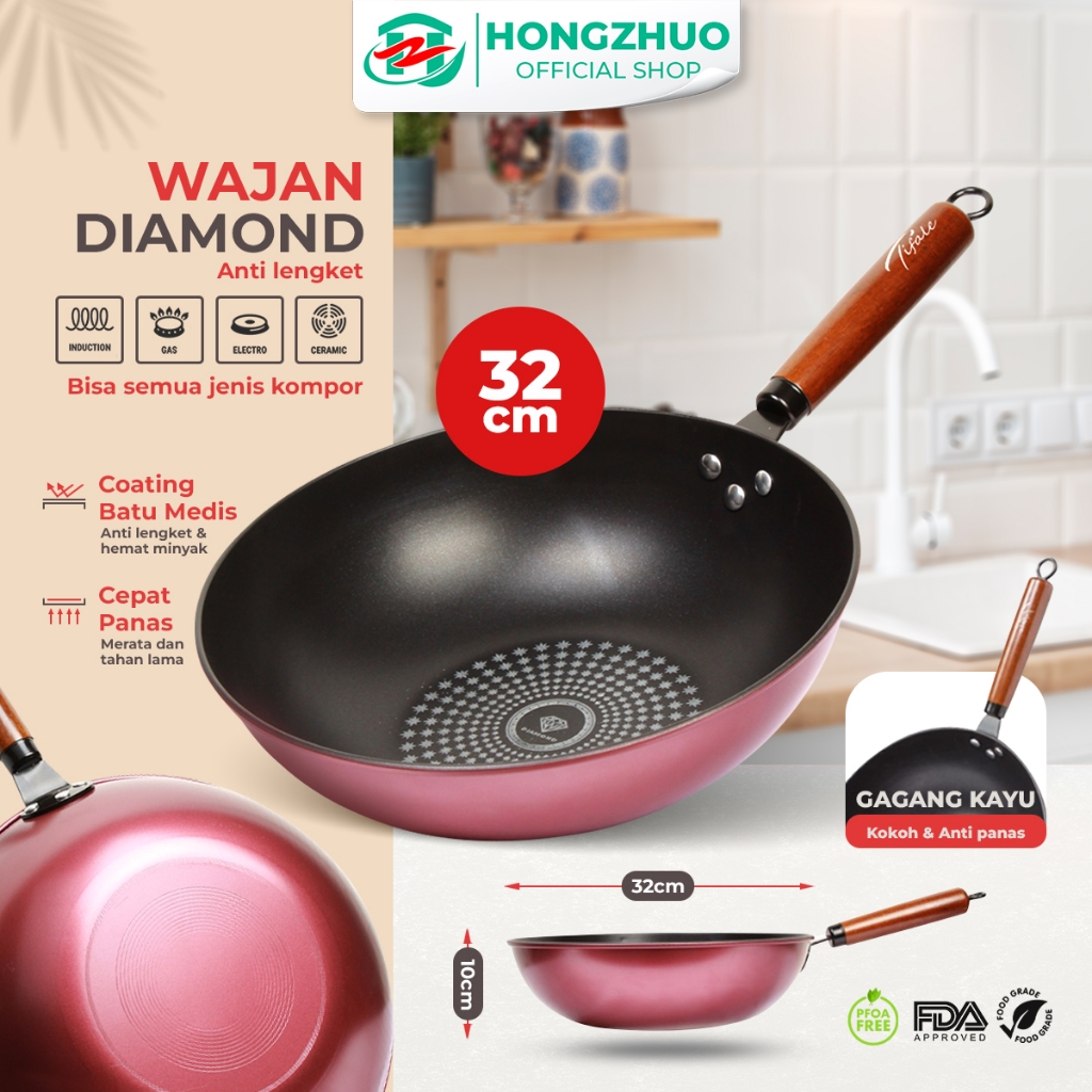 Hongzhuo Wajan Penggorengan Anti Lengket Batu Medis Ukuran 32 CM Diamond Wok Pan TKIS