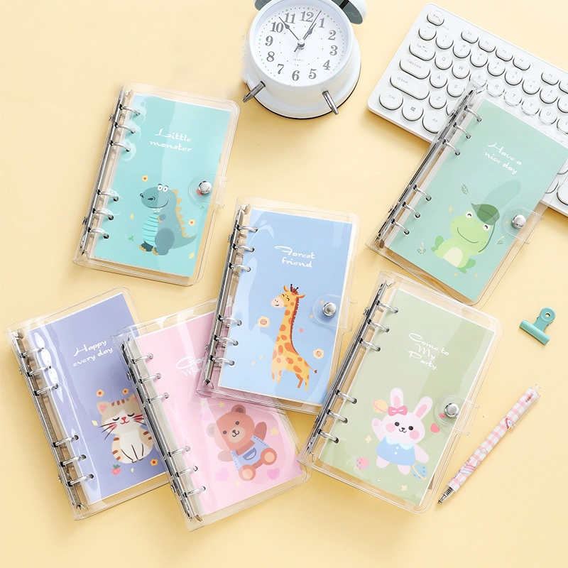 

PVC Clear Loose Leaf Buku Binder Catatan Notebook Horizontal Grid Ring Snap Motif Kartun Size A6