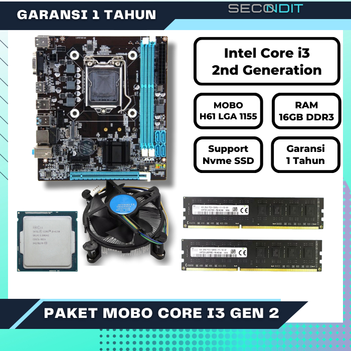 PAKET MOTHERBOARD H61 INTEL CORE I3 2120 2100 RAM 16GB BARU GARANSI 1 TAHUN