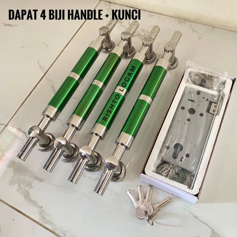 Handle Pintu Rumah 4pcs + Set kunci gagang pintu dua daun pintu tarikan pintu utama stainles antikar