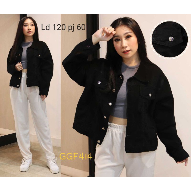 GGF414 Jaket Wanita Jeans Denim Full Kancing Hitam LD120 pj60