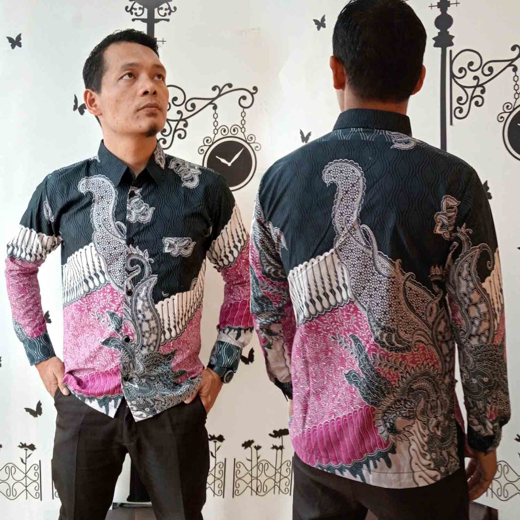 KEMEJA BATIK SLIM FIT PRIA DEWASA LENGAN PANJANG COMBI HITAM&amp;PINK S-XL