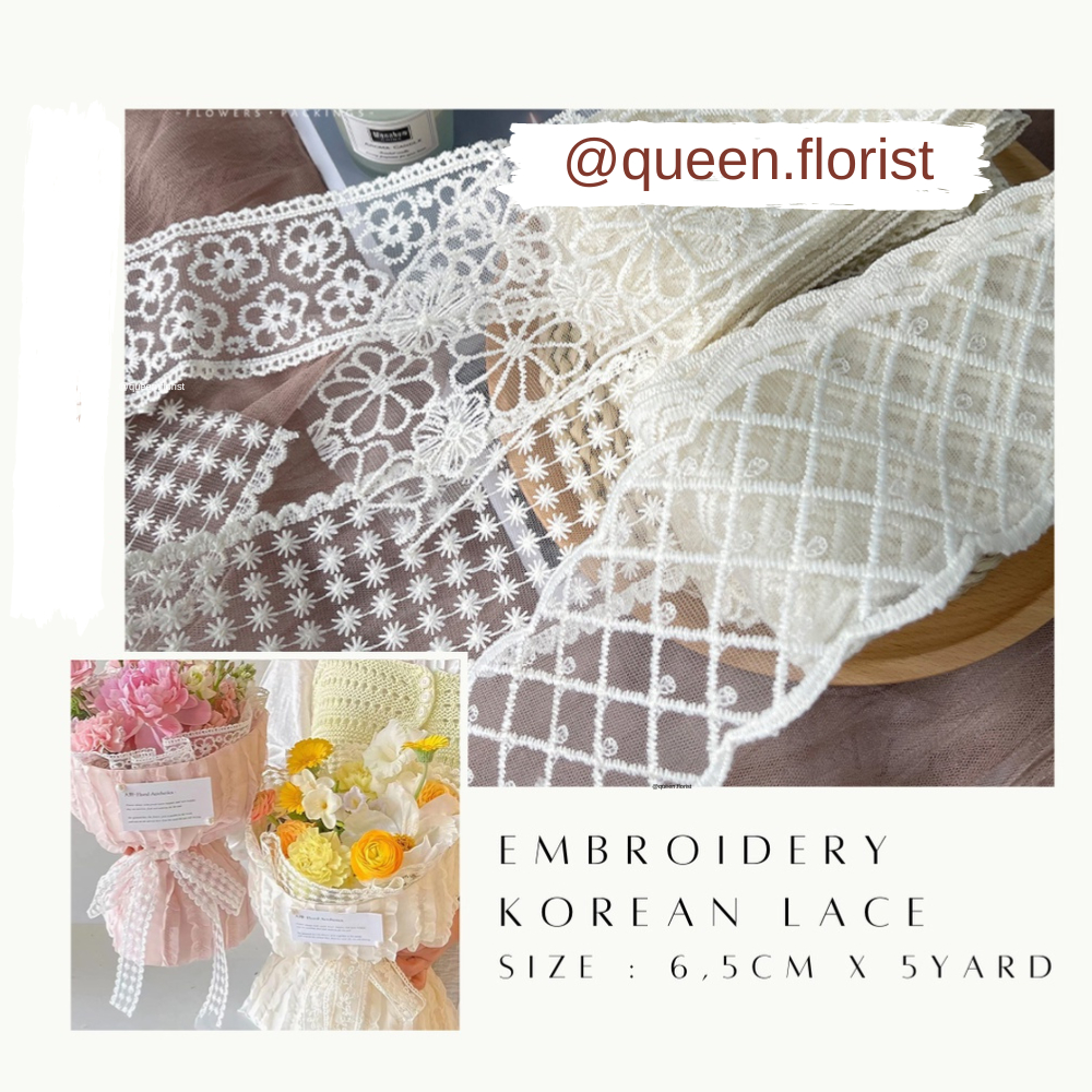 5YARD X6,8CM EMBROIDERY KOREAN LACE RENDA TIMBUL  Renda giper/gyper/bordir/renda 0.5 meteran, lebar 