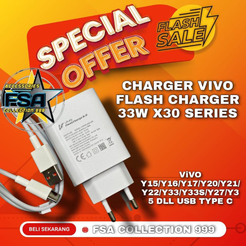 1Set Charger Casan Cas HP VIVO 33W Flash Charger VIVO Y21 Y21A Y21s Y21T Y33s Y33T Y51 Y51A Y75 T1 5