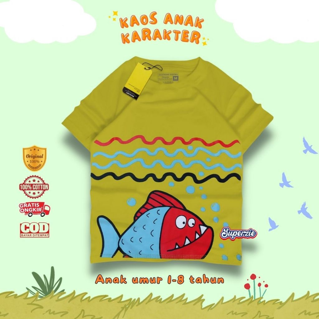 Kaos Ikan Piranha Anak Laki Perempuan Baju kaos anak Unisex Warna ijosampur Animals IKAN PIRANHA Len