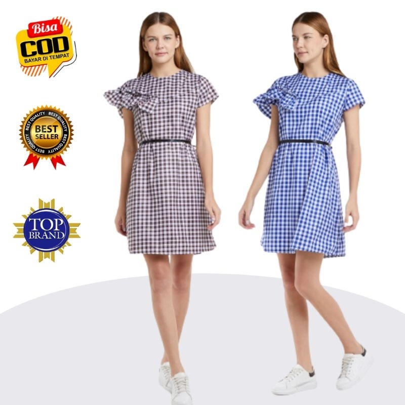 Aitentica Baju Midi Dress Wanita Drees Cewek Motif Kotak Kotak Salur Kekinian Remaja Dewasa Kasual