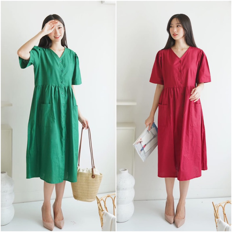Foria 2176 linen dress terusan wanita merah hijau natal christmas