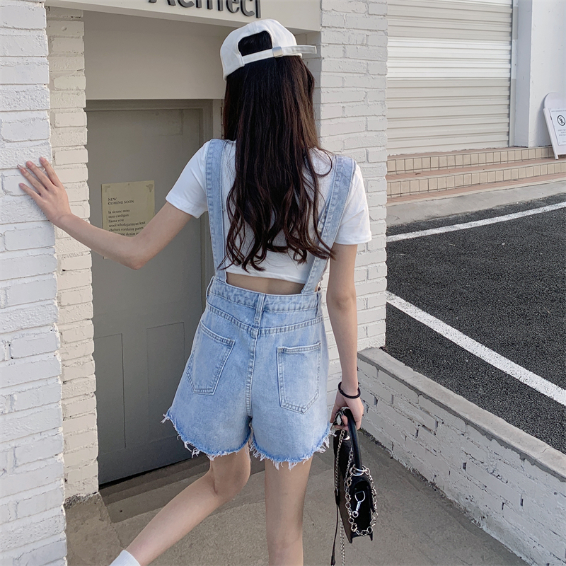 【wanita_id】Denim Brace Celana Pendek Jumpsuit Wanita Korea Style Celana Cute Celana Longgar Lebar Kaki