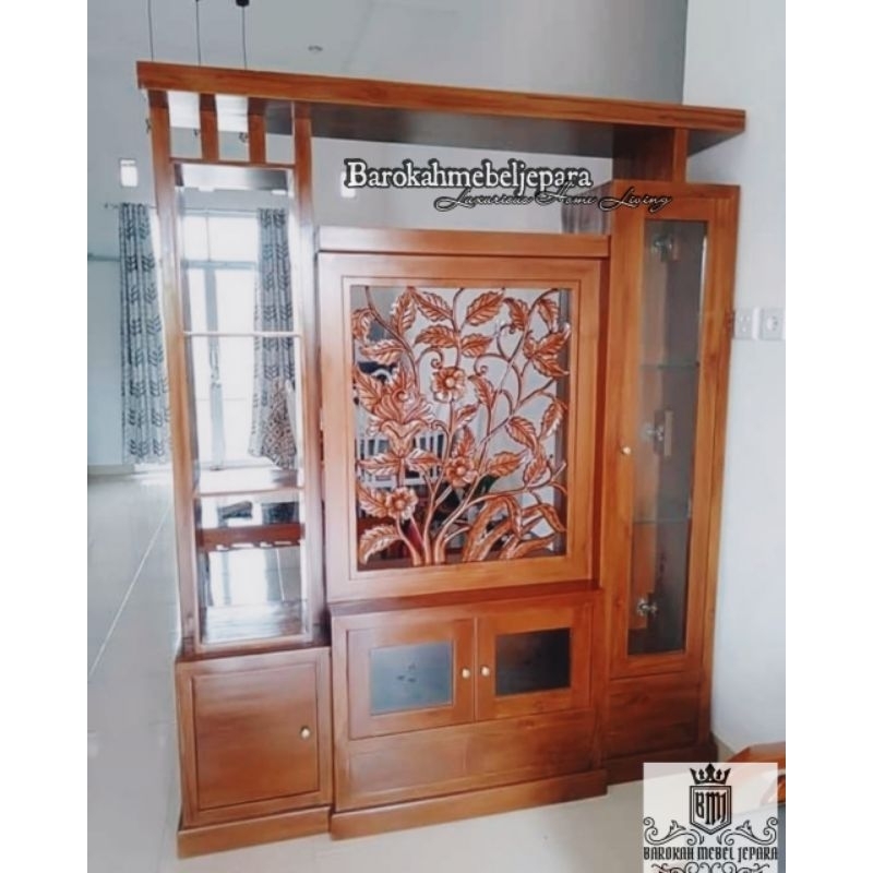 Bufet tv penyekat ruangan dua muka 180cm / bufet partisi jati 2 muka