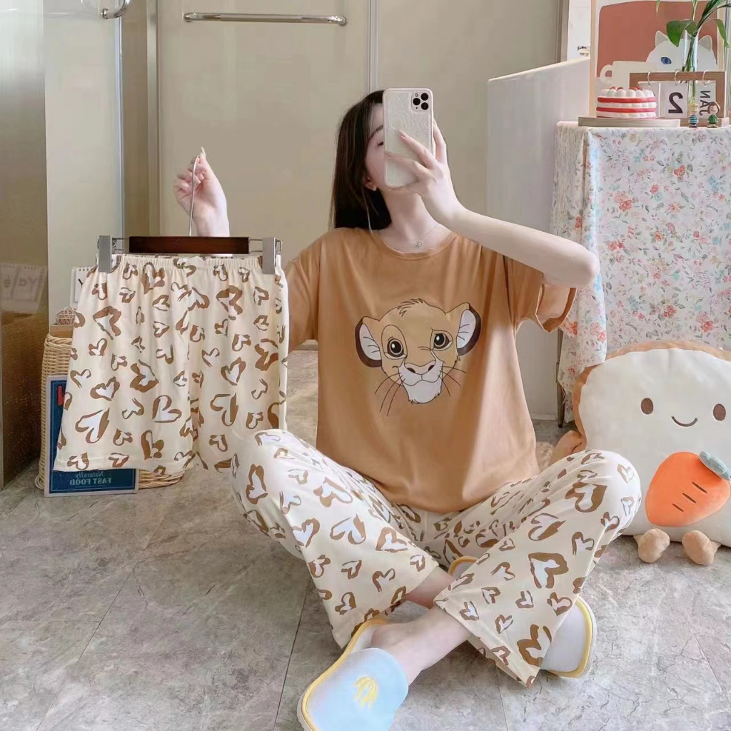 3 in 1 Baju Set Import Baju Tidur Wanita Dewasa Piyama Set Kekinian Model Kemeja CP Kotak Series Imp