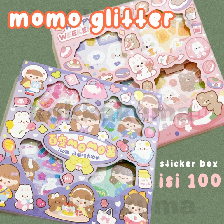 

(ORIGINAL) ( KKM ) Sticker Momo Bear Fashion Hologram Glitter Box isi 100 Pcs Stiker Karakter