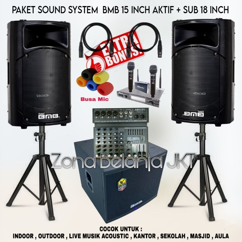 PAKET SOUND SYSTEM INDOOR OUTDOOR LIVE MUSIK KARAOKE SPEAKER BMB 15 INCH AKTIF + SUBWOOFER 18 INCH M