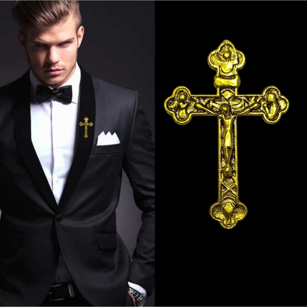 Metal Classic Gold Cross Pin Bros Jas Kameja Tuxedo Salib Mens Pria