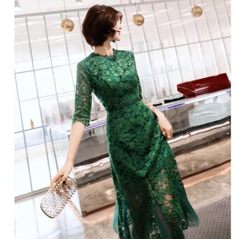 0969 Fashion Autfit ootd mididress lengan pendek polos brokat brukat bkk bangkok katbol CNY Natal im