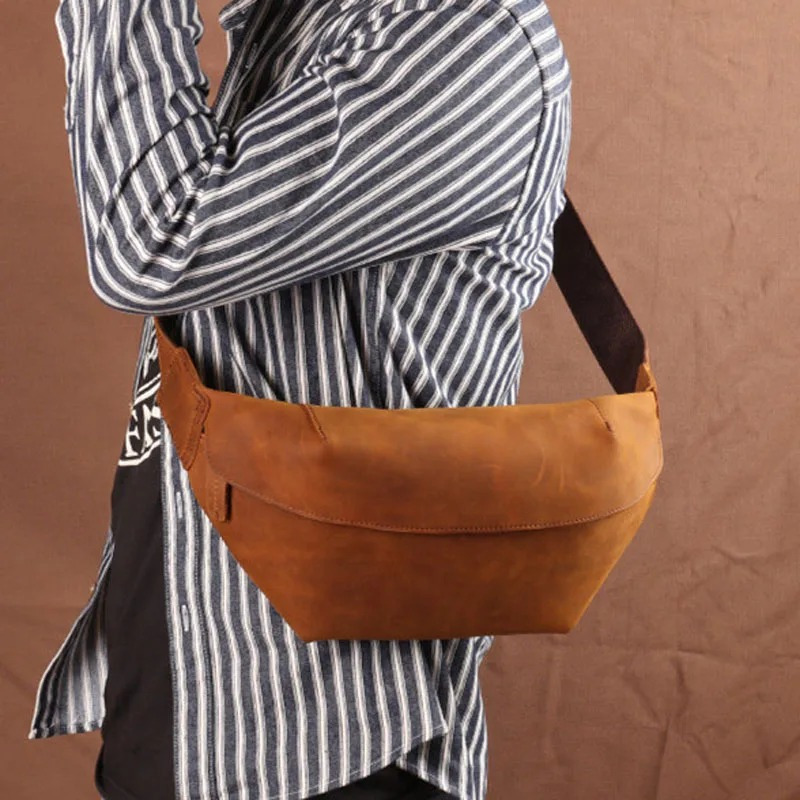 Tas serut kulit sapi pria kulit sapi asli, saku sepeda motor retro untuk ponsel