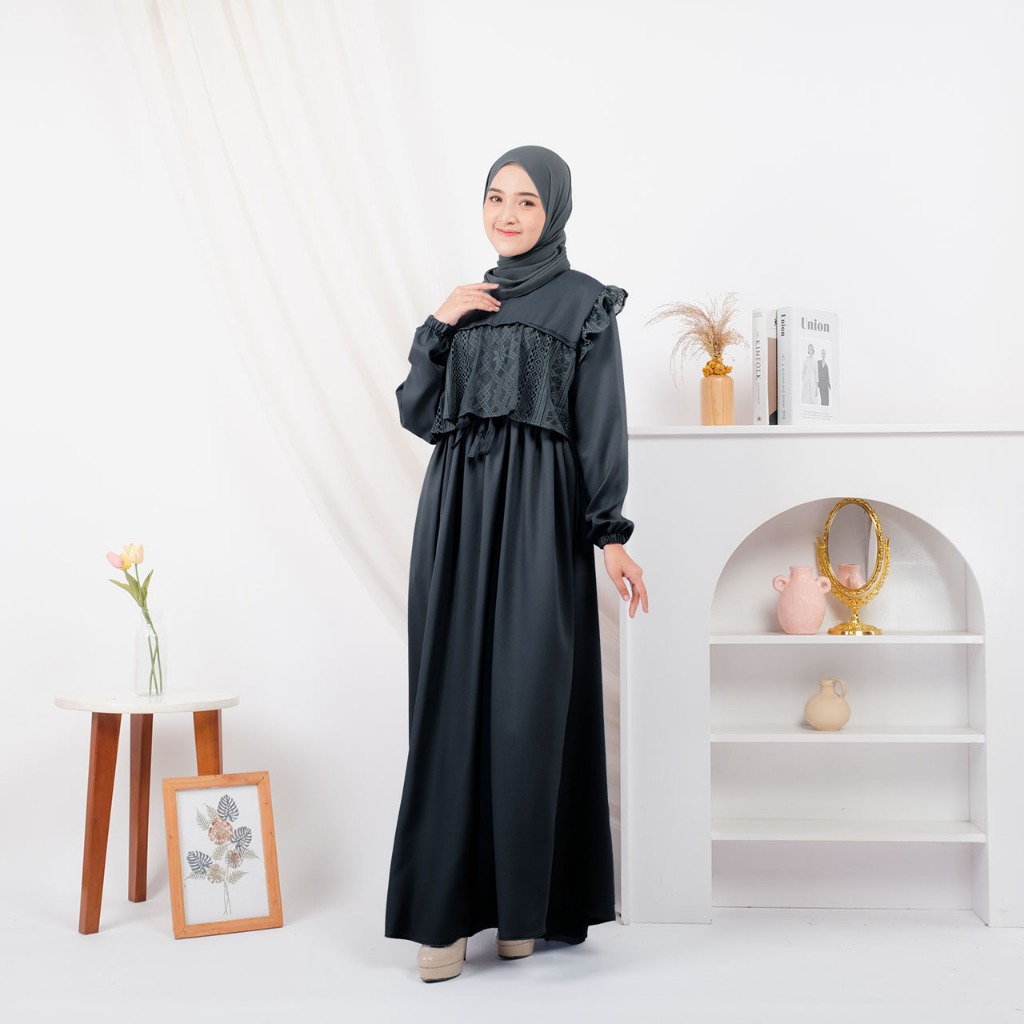 Maria Collection Meysha Dress Gamis Elegan Kondangan Muslim Mewah Shakila Kombinasi Brokat Cantik Wanita Nyaman S fit L Busui-3