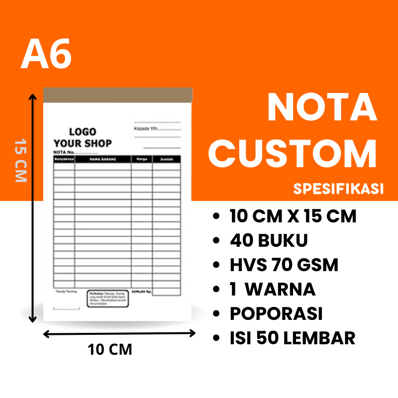 

NOTA CUSTOM 1 PLY TANPA RANGKAP 10 x 15cm PAKET 1 RIM ISI 40 BUKU ISI 50 LEMBAR HARGA MURAH PROMO