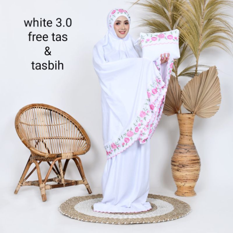 Mukena dewasa putih khadijah motif renda bordir bunga mawar