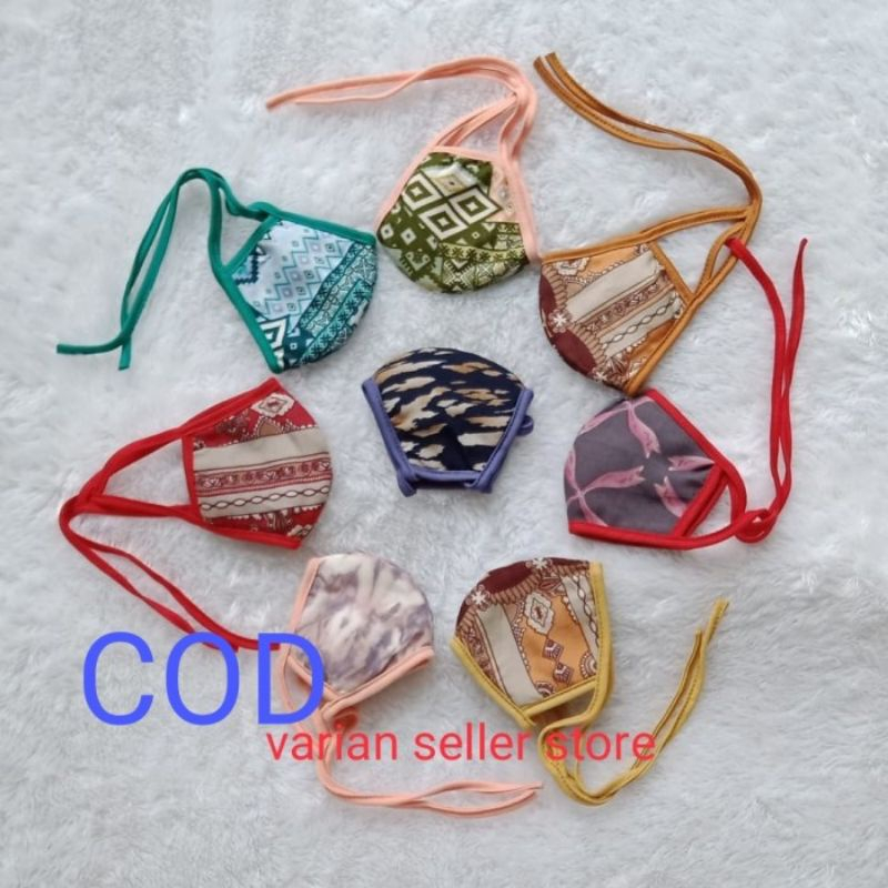 Masker kain 3 play wanita dewasa hijab motif bahan kain kaos katun tali panjang ikat belakang