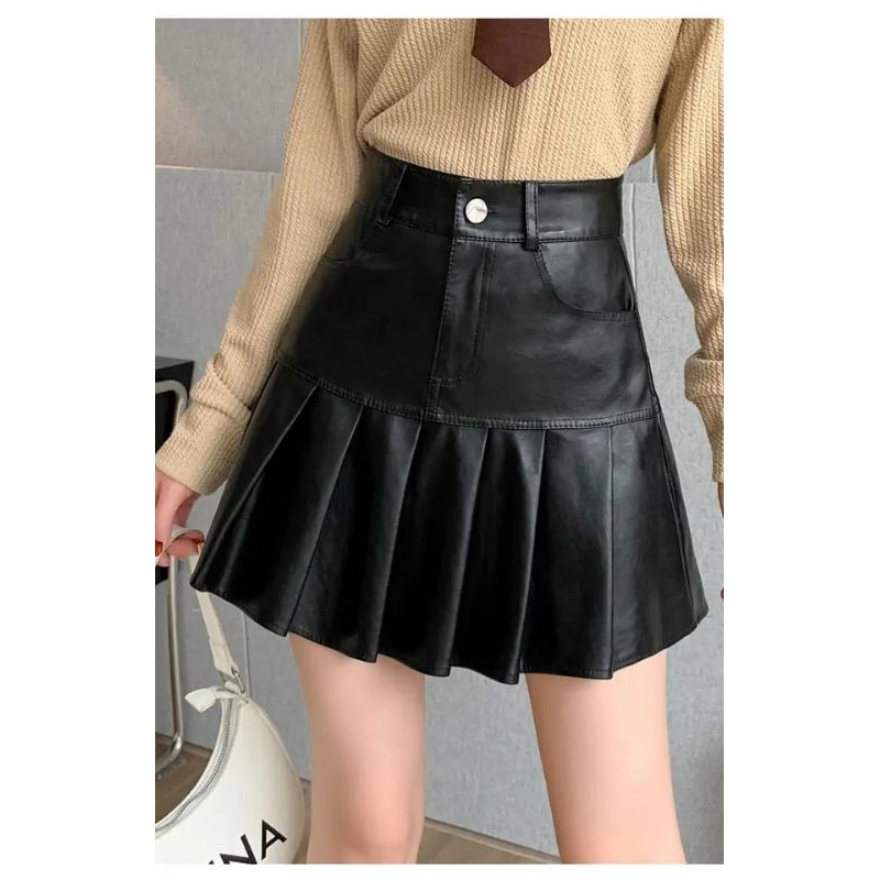 Rok kulit/leather skirt wanita pinggang tinggi rempel bawah pinggang sexy/rok kulit korean style