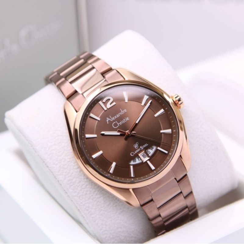 ORIGINAL GARANSI RESMI JAM TANGAN PRIA ALEXANDRE CHRISTIE BROWN ROSE GOLD RANTAI STAINLESS STEEL COW