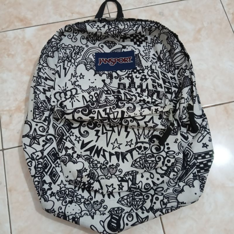 Jansport Superbreak Hitam Putih Doodle Preloved Second Seken Bekas Tas Backpack Ransel