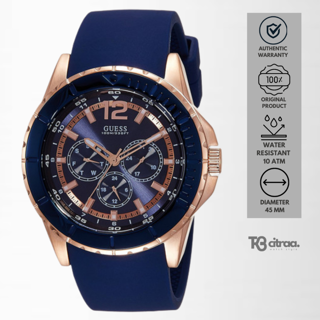 jam tangan fashion pria guess maverick chronograph multifunction day date water resistant blue rubbe