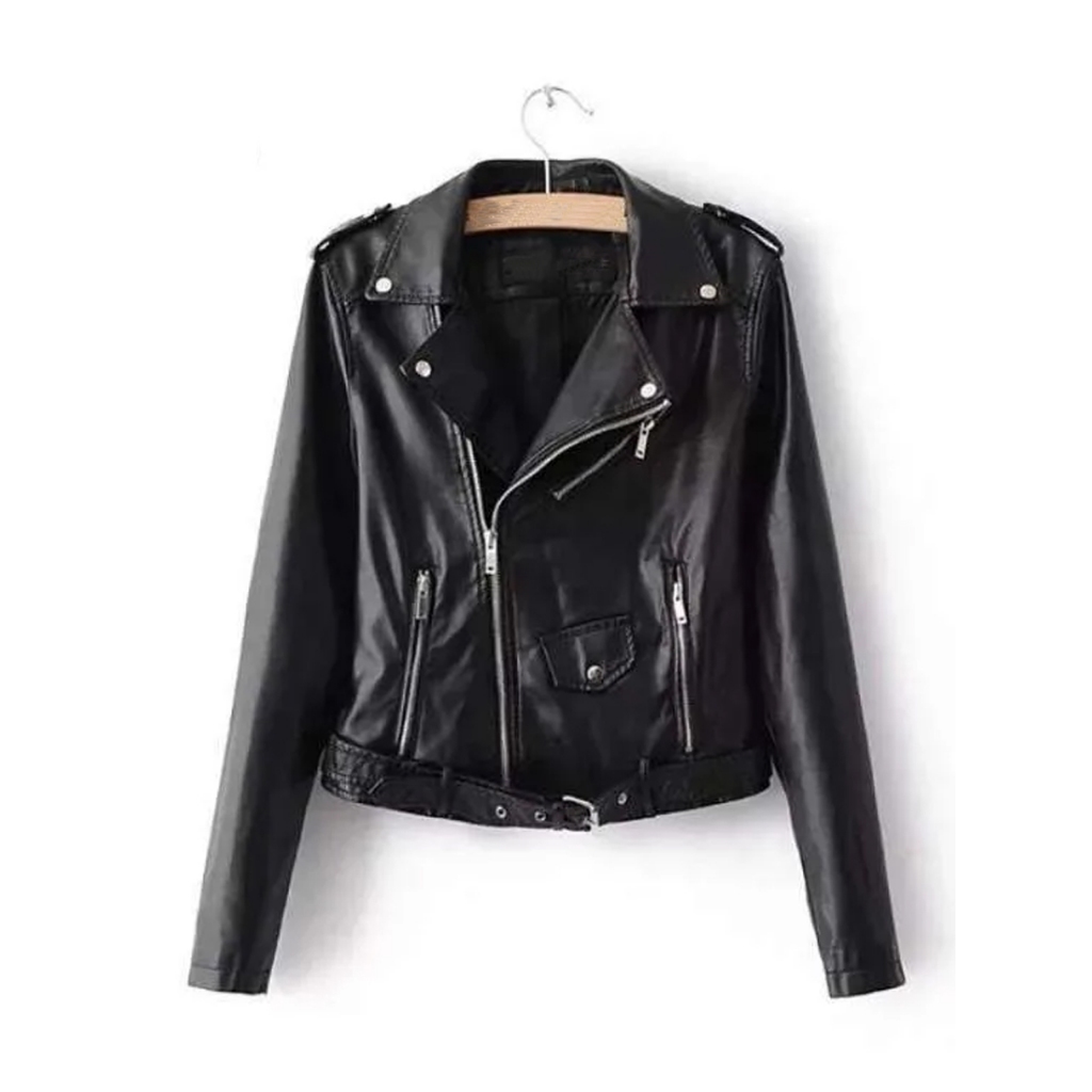 Jaket Premium Semi Kulit Wanita Crop Sabuk Ramones Rocknroll model korean