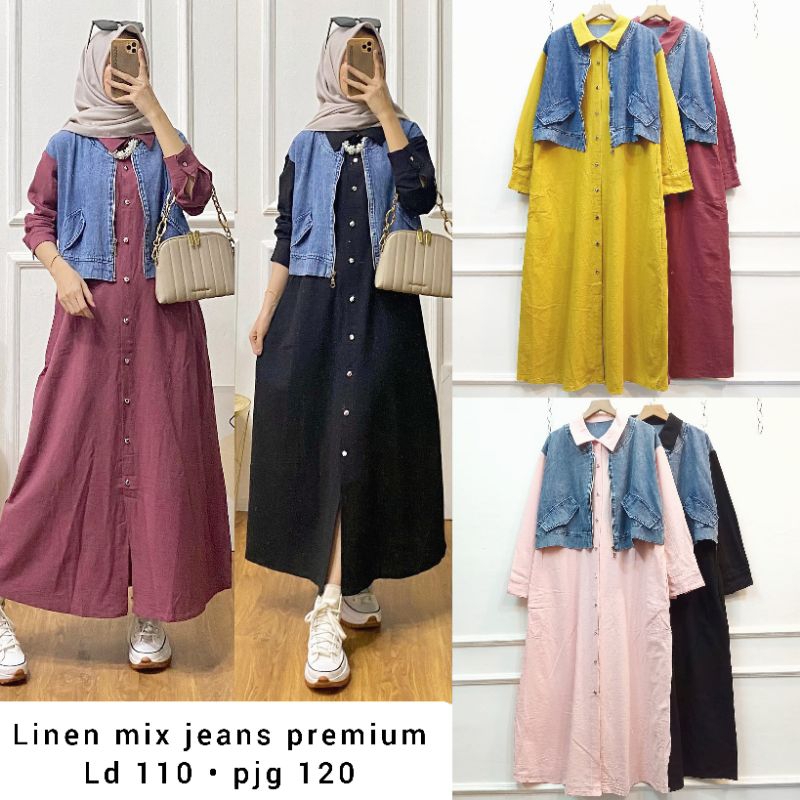 gamis rompi nempel jeans mix linen fashion wanita modern