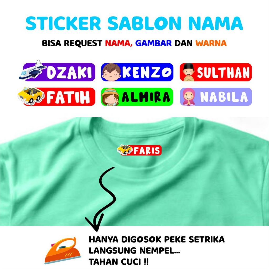 

STICKER SABLON NAMA 30pcs, Bisa request Nama, Gambar, Warna. Hanya disetrika langsung nempel dan TAHAN CUCI