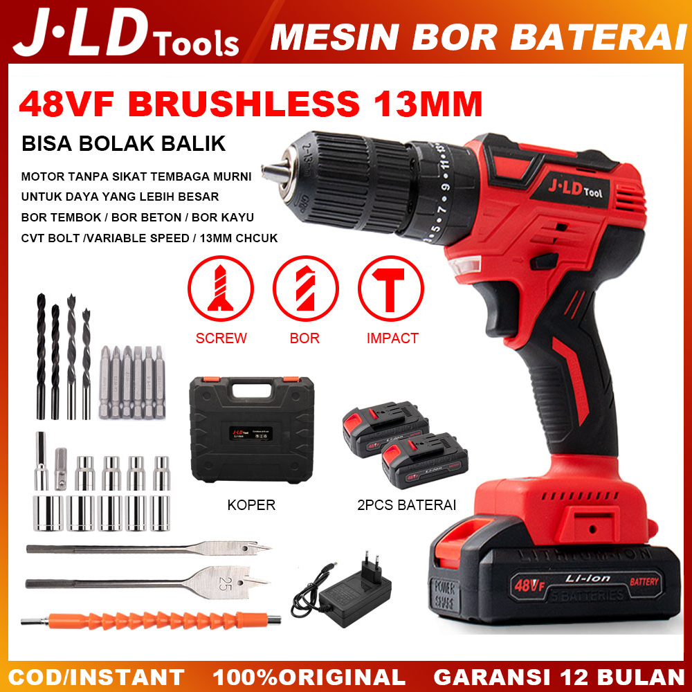 JLD Brushless Mesin bor Baterai 48VF Baterai bor cas 13MM Bor Impact Cordless Drill 2Baterai set 3Mo