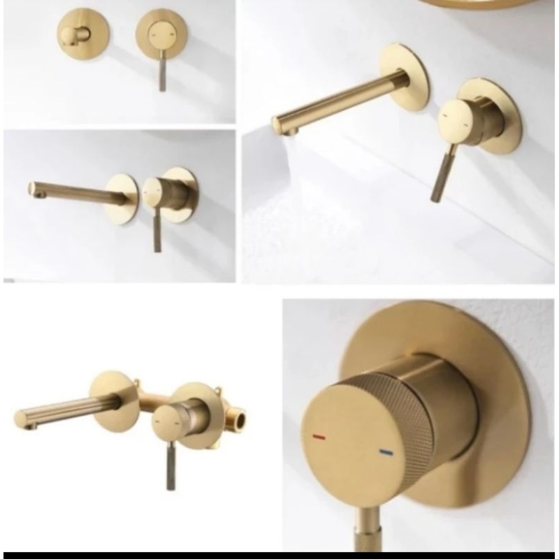 Kran wastafel tembok brush gold mixer / Kran wastafel dinding brush gold panas dingin