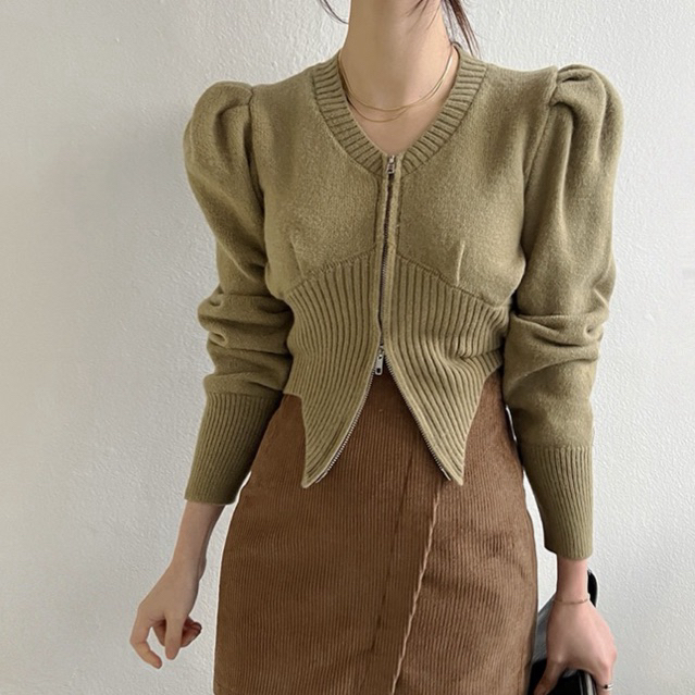 Fashion Puff Long Sleeve Slim Fit Women Knitted Cardigan Zipper V-Neck Vintage Sweater Short Top Spr